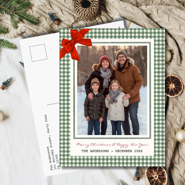 Sagegrön rutig pläd flerbilder jul helg vykort (Green gingham plaid bow Christmas photo holiday postcard)