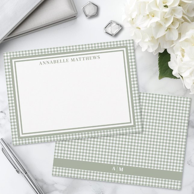 Sagegrön Rutig Plaid Personlig Anteckningskort (Sage Green Gingham Plaid Personalized Note Card)