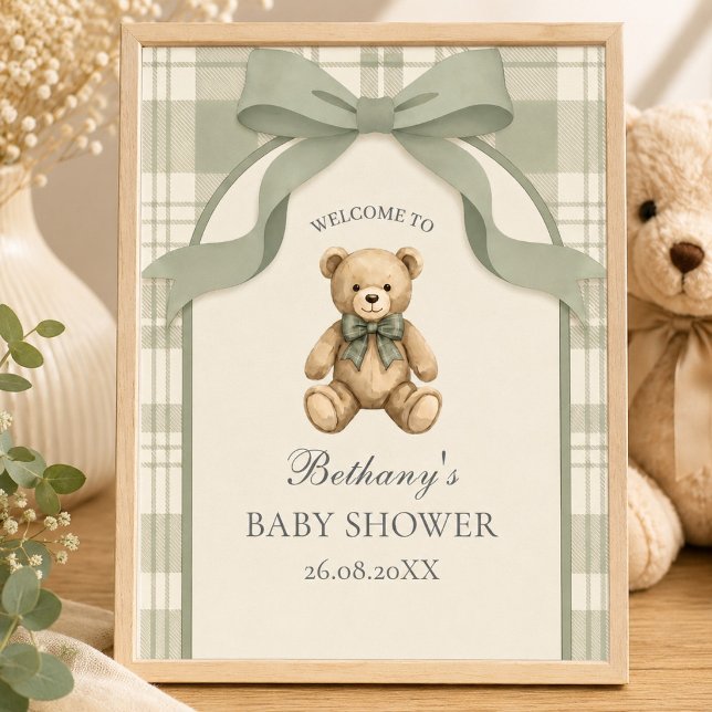 Sagegrön Rutig Teddybjörn Välkommen Poster (Sage Green Gingham Teddy Bear Welcome Sign)