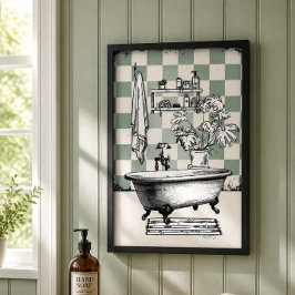 Sagegrön rutig vintage-klotbadkar-badrum poster