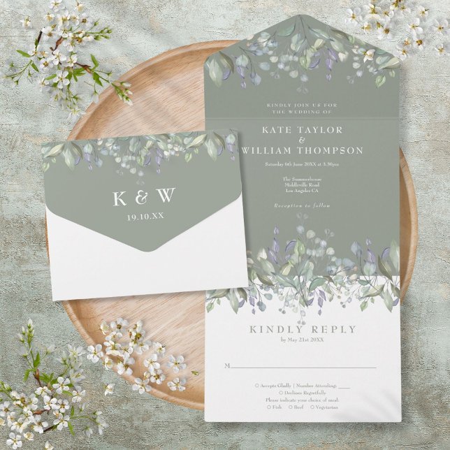Sagegrön Salvia Och Lilafärgad Blommig Monogram Br (Sage Green Sage And Lilac Floral Monogram Wedding All In One Invitation)