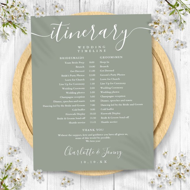 Sagegrön schemalagd bröllpsitinerary tidslinje (Sage Green Schedule Wedding Itinerary Timeline)