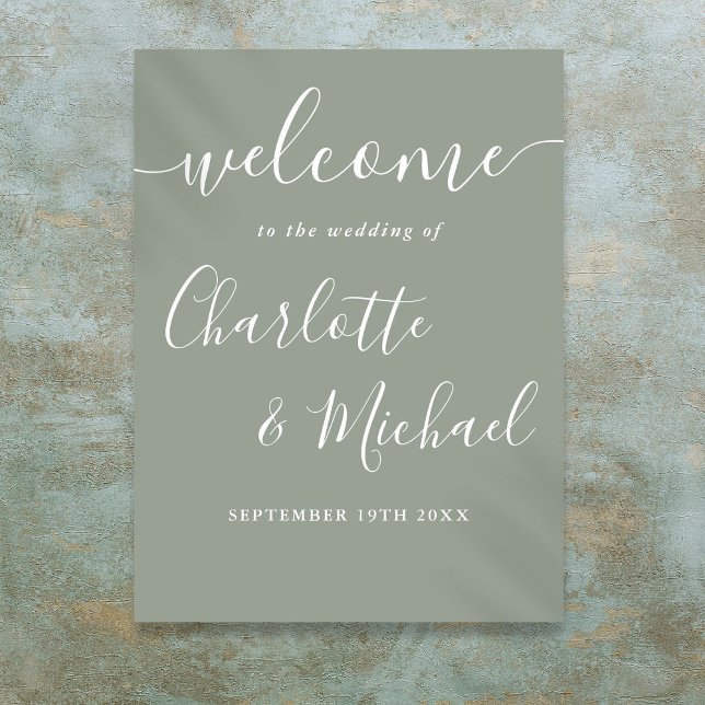 Sagegrön signaturskript vigsel välkomstskylt poster (Sage Green Signature Script Wedding Welcome Sign)