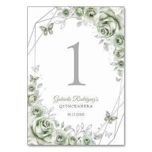 Sagegrön Silver Blommig Quinceanera Bordsnummer