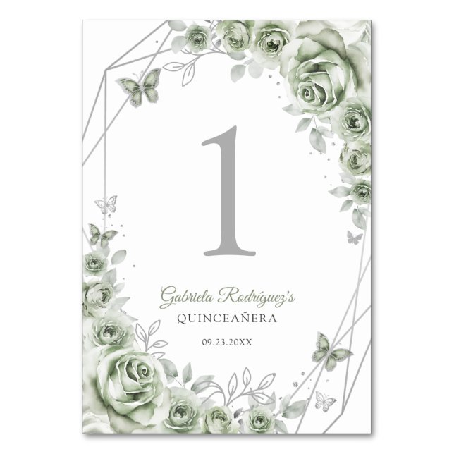 Sagegrön Silver Blommig Quinceanera Bordsnummer (Framsidan)