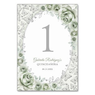 Sagegrön silverblommig Quinceanera Bordsnummer