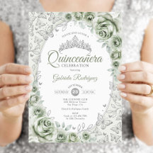 Sagegrön silverblommig Quinceanera