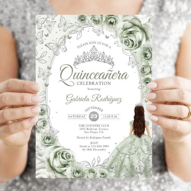 Sagegrön silverblommig Quinceanera Inbjudningar (Skapare uppladdad)