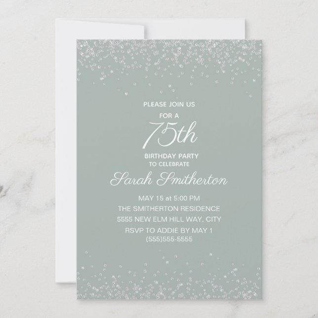Sagegrön silverdiamantglitter 75-årsdag inbjudningar (Framsida)