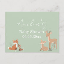 Sagegrön SkogsDjur Baby Shower Inbjudan