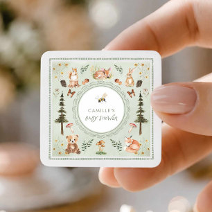 Sagegrön skogsstämpel för baby shower-partygästpre fyrkantigt klistermärke