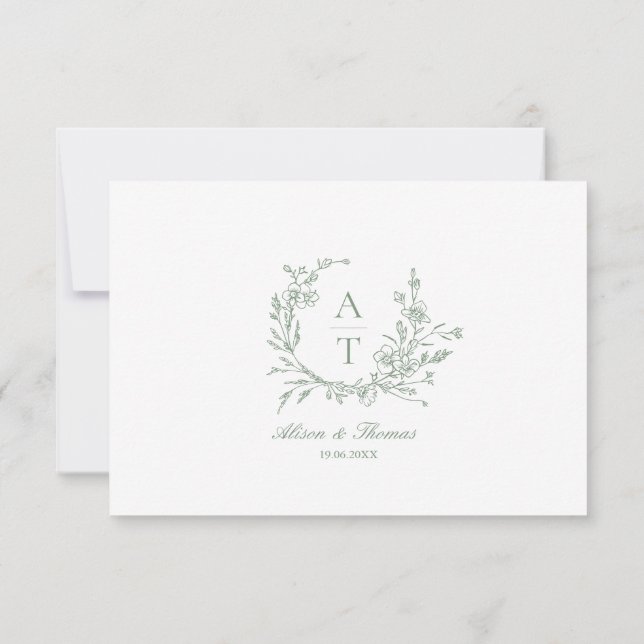 Sagegrön skrift vildblomme monogram detaljer kort (Baksida)