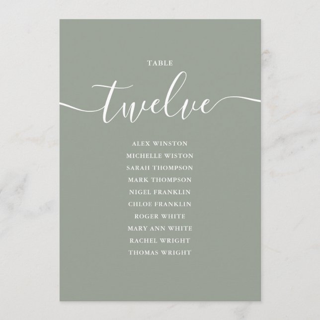 Sagegrön Skript Bord Nummer 12 Sittplatskarta Inbjudningar (Framsida)