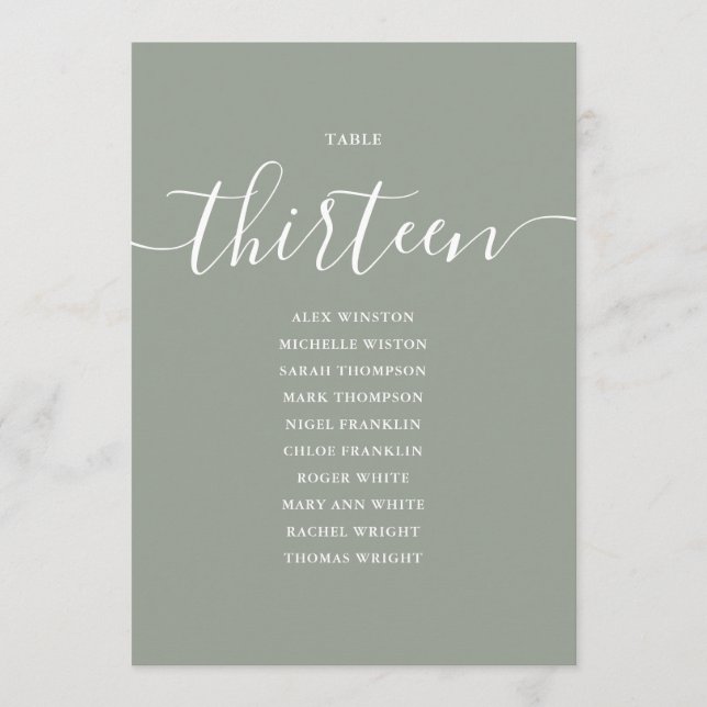 Sagegrön Skript Bord Nummer 13 Sittplatskarta Inbjudningar (Framsida)
