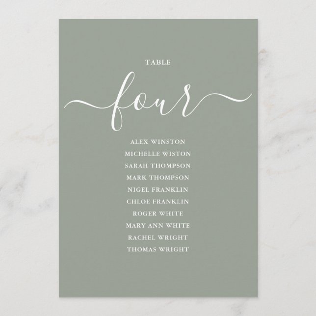 Sagegrön Skript Bord Nummer 4 Sittplatskarta Inbjudningar (Framsida)