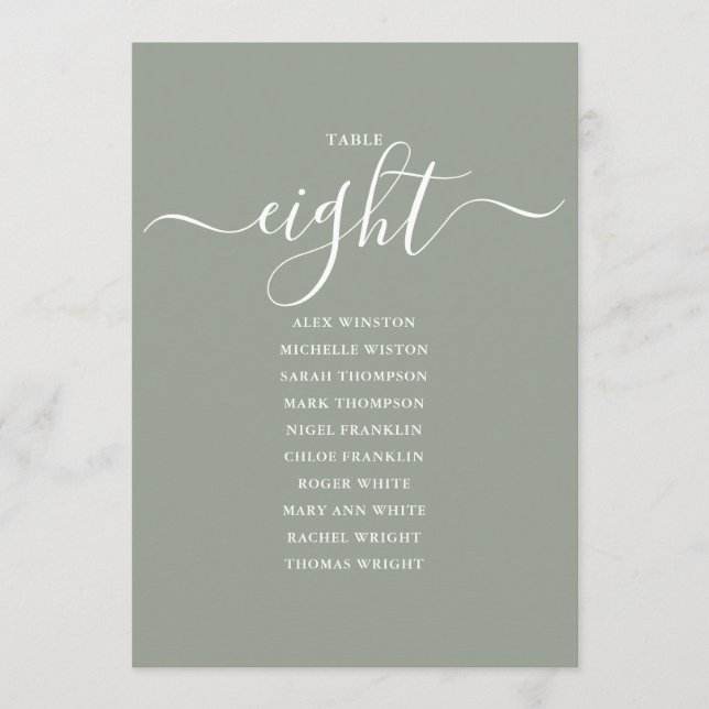 Sagegrön Skript Bord Nummer 8 Sittplatskarta Inbjudningar (Framsida)