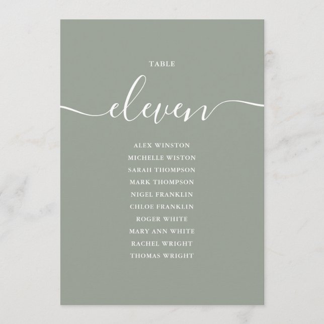 Sagegrön Skript Bordnummer 11 Placeringsplan Inbjudningar (Framsida)