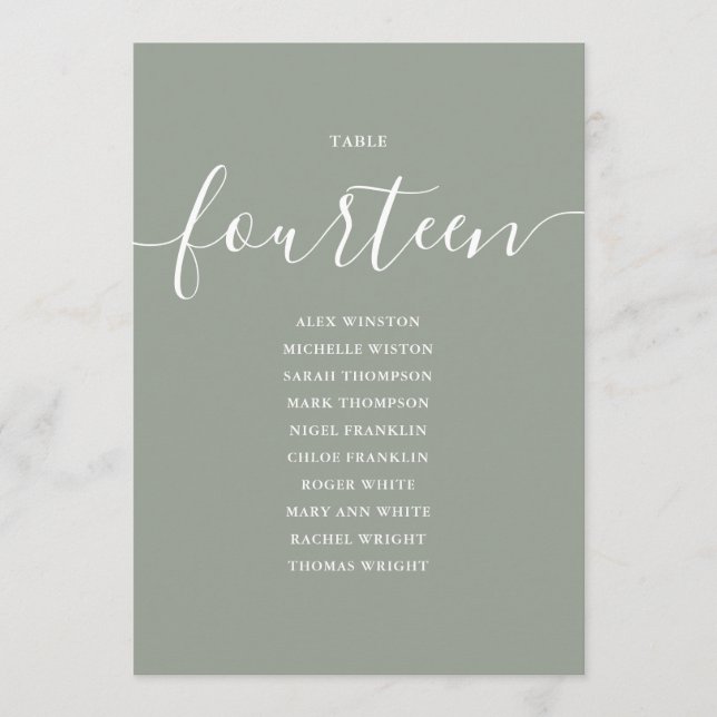 Sagegrön Skript Bordnummer 14 Sittplatskarta Inbjudningar (Framsida)