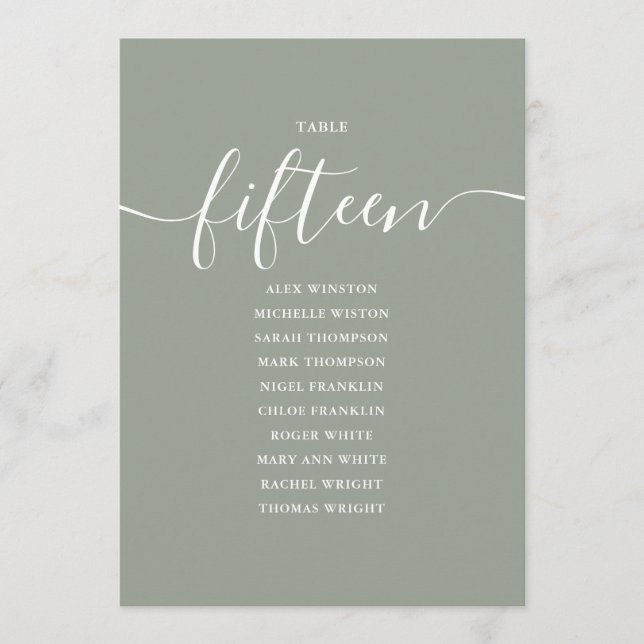 Sagegrön Skript Bordnummer 15 Sittplatskarta Inbjudningar (Framsida)