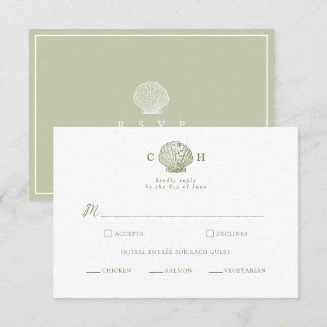 Sagegrön snigelskal Monogram Bröllop RSVP-kort Tilläggskort (Fram/baksida)