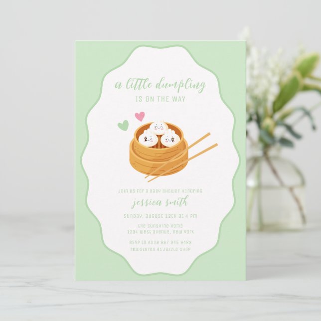 Sagegrön söt asiatisk dumplings-babyshower  inbjudningar (Stående Fram)