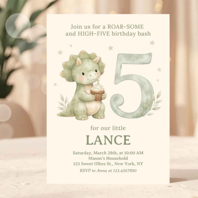 Sagegrön söt dinosaurie 5-års födelsedag inbjudningar (dinosaur birthday invitation, 5th birthday invite, roarsome five invite, dinosaur party invite, tric)