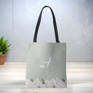 Sagegrön spetsblommig monogram stilfull toteväska tygkasse
