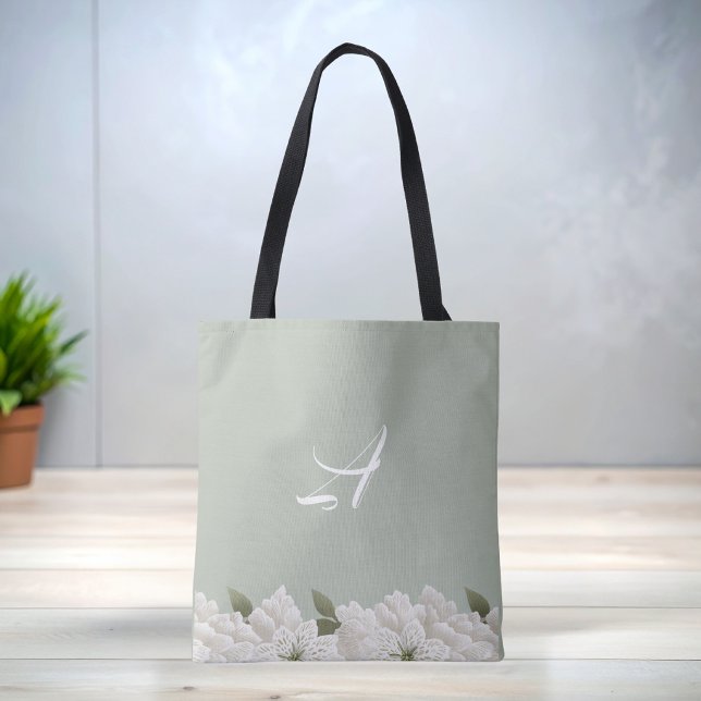 Sagegrön spetsblommig monogram stilfull toteväska tygkasse (Skapare uppladdad)
