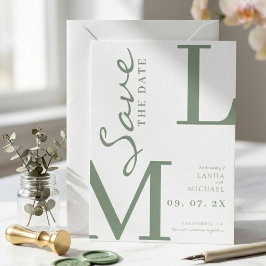 Sagegrön stilren vigselmonogram spara datumet