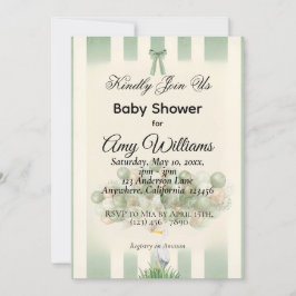 Sagegrön Stork Bebis Kalas Inbjudan | Neutral