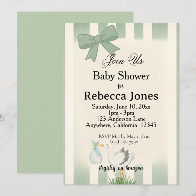 Sagegrön Stork Bebisdopp Neutral Inbjudningar (Fram/baksida)