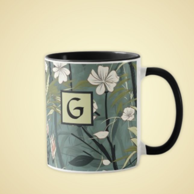 Sagegrön svart blomster- japansk stil monogram  mugg (Skapare uppladdad)