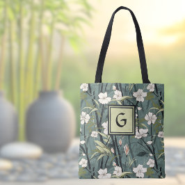 Sagegrön svart blomster japansk stil monogram tygkasse
