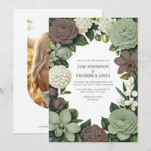 Sagegrön, Taupe & Elfenbensvit Blommig Bröllopsinb Inbjudningar