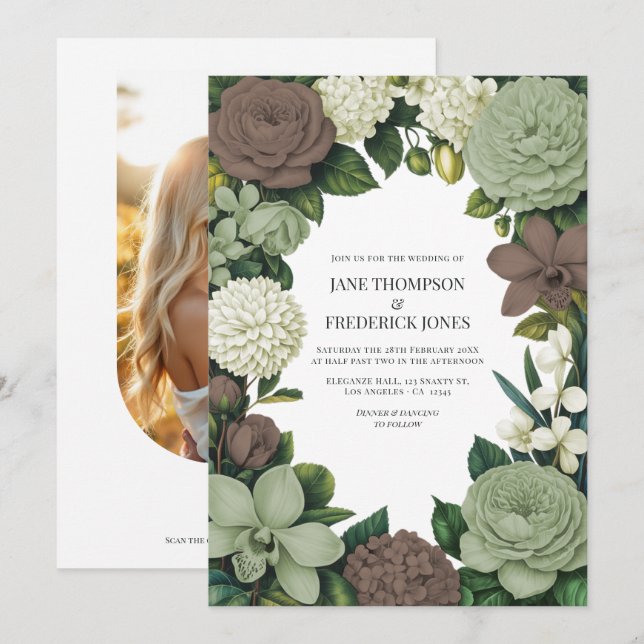 Sagegrön, Taupe & Elfenbensvit Blommig Bröllopsinb Inbjudningar (Fram/baksida)