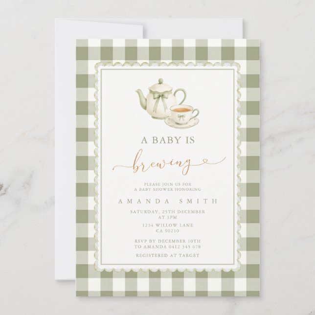 Sagegrön Tea Party Baby Shower-inbjudan Inbjudningar (Framsida)