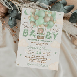 Sagegrön teddybjörn varmluftsballong baby shower  inbjudningar