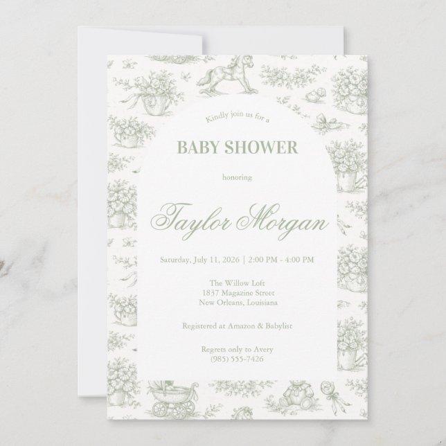 Sagegrön Toile Baby Shower Inbjudan | Klassisk (Framsida)