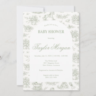 Sagegrön Toile Baby Shower Inbjudan | Klassisk 