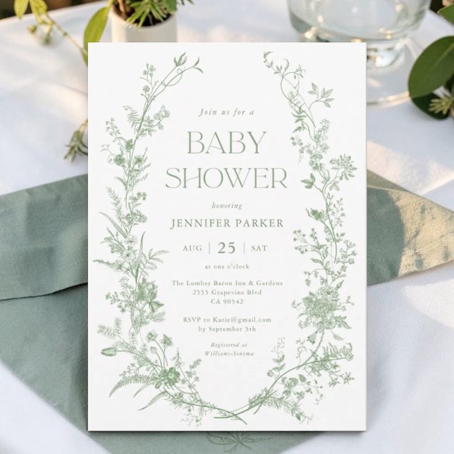 Sagegrön Toile Blommig Baby Shower Inbjudningar (Skapare uppladdad)