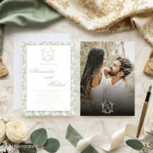 Sagegrön Toile Blommig Monogram Foto Bröllop