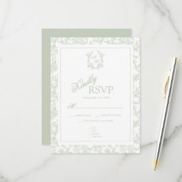 Sagegrön Toile Blommig Monogram Vertikal Bröllop OSA Kort
