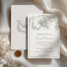 Sagegrön Toile de Jouy Paris Bröllopsinbjudan