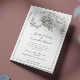 Sagegrön Toile de Jouy Paris Bröllopsinbjudan Inbjudan
