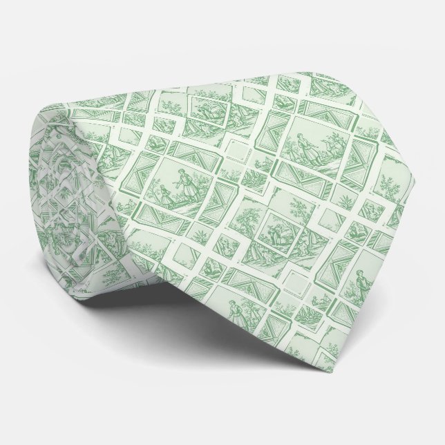 Sagegrön Toile med Pastorala Scener Slips (Rullad)