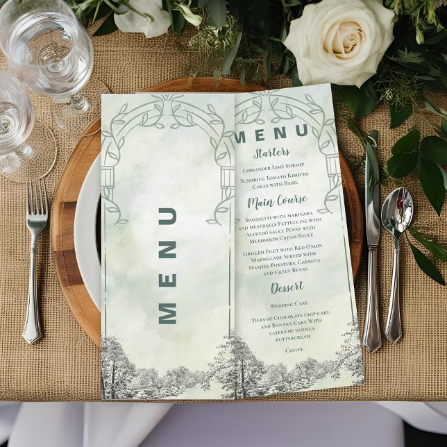 Sagegrön trädgårdsbåge botanisk bröllopsmottagning meny (Sage Green Garden Arch Wedding Menu | Elegant Botanical Reception Menu)