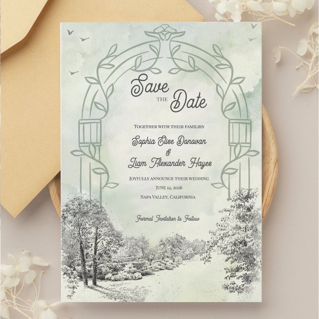 Sagegrön trädgårdsbåge bröllop spara datumet (Sage Green Save the Date Wedding Card | Garden Arch Wedding Save the Date )