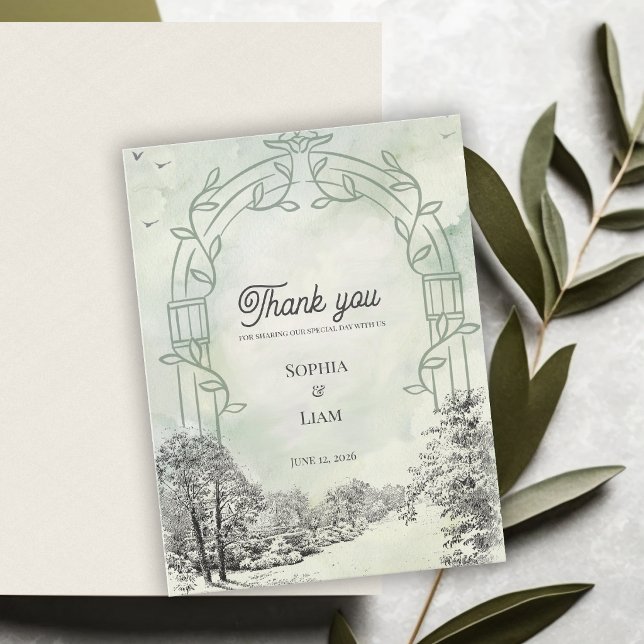 Sagegrön Trädgårdsbåge Bröllop Tack Vykort (Sage Green Garden Arch Wedding Thank You Card | Elegant Botanical Thank You)
