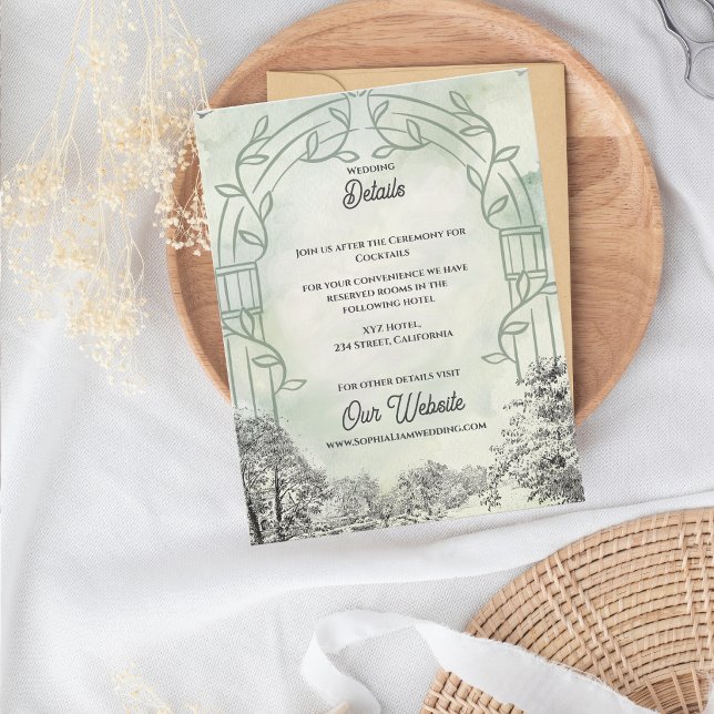 Sagegrön trädgårdsbåge Bröllopsdetaljer Tilläggskort (Sage Green Garden Arch Wedding Details Enclosure Card)