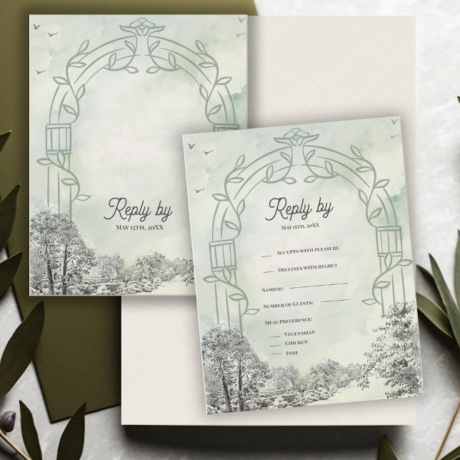 Sagegrön trädgårdsbåge bröllopssvar från OSA kort (Sage Green Garden Arch Wedding RSVP Card | Elegant Botanical Response Card)